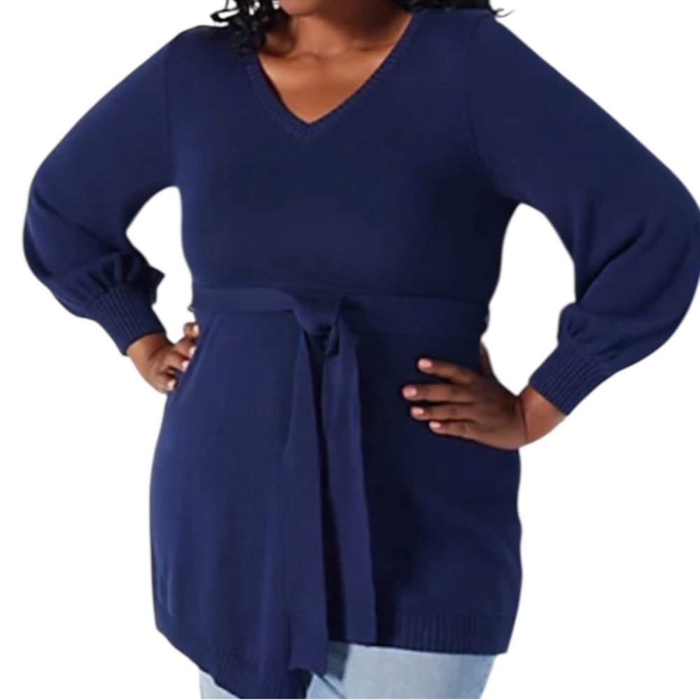 Girl with Curves Navy Blue V-neck Wrap Sweater Tunic L NEW